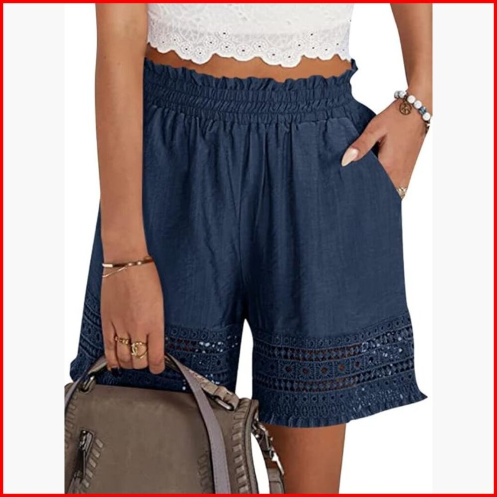 Elastic Waist Lounge Shorts Stretch Lace Trim Linen Ruffle Casual